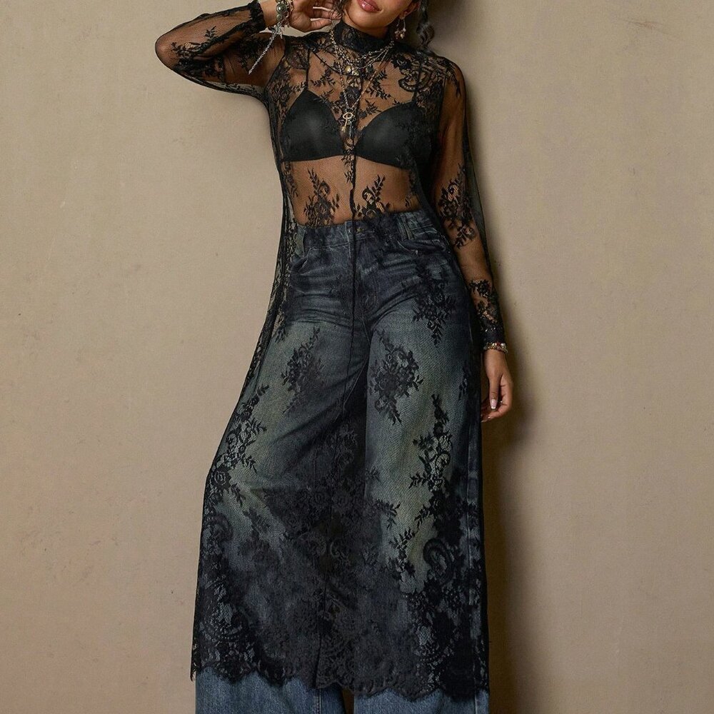 Black Boho Women's Elegant Plus Size Lace Maxi Dress - Picture 3 of 8
